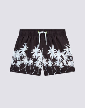 REPREVE® ELASTICATED WAIST SHORT SWIMSHORTS WITH BLACK PALM PRINT