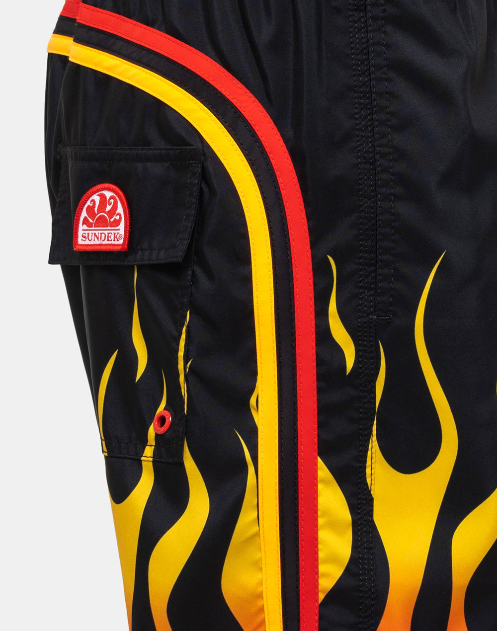 GOLDEN FLAME PRINTED STRETCH WAIST MID-LENGTH SWIM TRUNKS