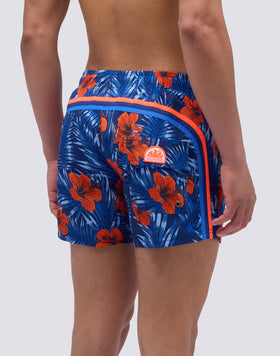 SHORT SWIMSUIT WITH ELASTIC WAIST AND CLASSIC FLOWER PRINT