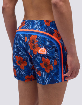 SHORT SWIMSUIT WITH ELASTIC WAIST AND CLASSIC FLOWER PRINT