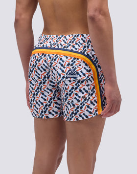 SHORT SWIMSUIT WITH ELASTIC WAIST AND MULTI TOUCAN PRINT