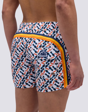 SHORT SWIMSUIT WITH ELASTIC WAIST AND MULTI TOUCAN PRINT