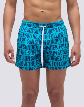 SHORT SWIMSUIT WITH ELASTIC WAIST AND PAYOFF WRITINGS PRINT