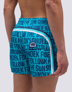 SHORT SWIMSUIT WITH ELASTIC WAIST AND PAYOFF WRITINGS PRINT