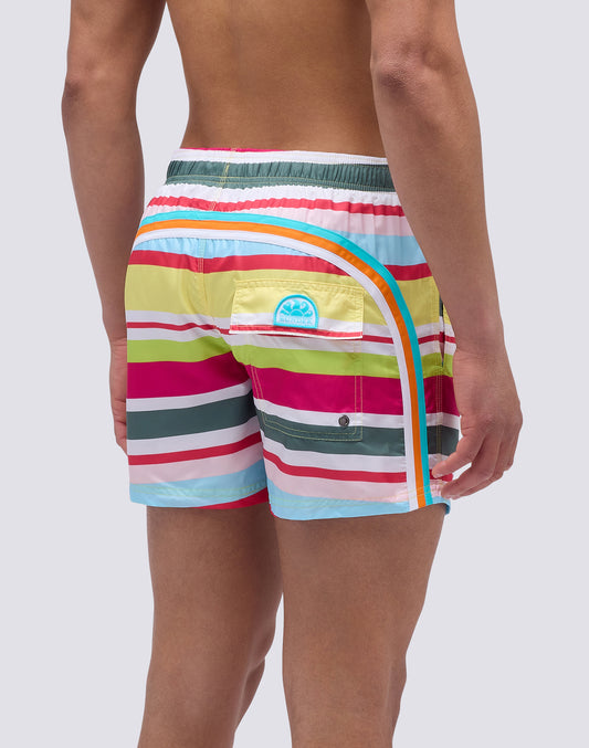 SHORT SWIMSUIT WITH ELASTIC WAIST AND MULTI-STRIPE PRINT