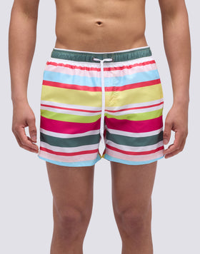 SHORT SWIMSUIT WITH ELASTIC WAIST AND MULTI-STRIPE PRINT