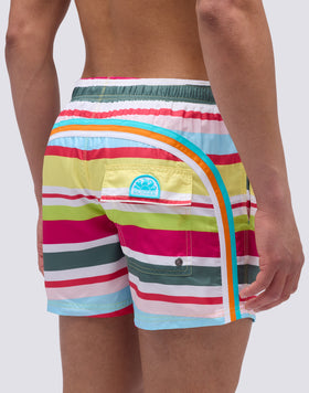 SHORT SWIMSUIT WITH ELASTIC WAIST AND MULTI-STRIPE PRINT