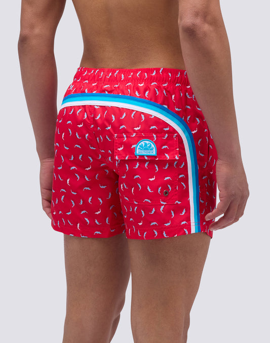 SHORT SWIMSUIT WITH ELASTIC WAIST IN RECYCLED POLYESTER WITH DOLPHIN PRINT