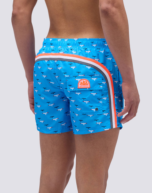 SHORT SWIMSUIT WITH ELASTIC WAIST IN RECYCLED POLYESTER WITH SEAGULL PRINT