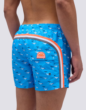 SHORT SWIMSUIT WITH ELASTIC WAIST IN RECYCLED POLYESTER WITH SEAGULL PRINT