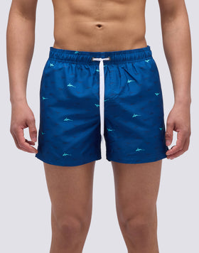 SHORT SWIMSUIT WITH ELASTIC WAIST IN RECYCLED POLYESTER WITH SHARKS PRINT
