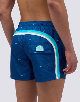 SHORT SWIMSUIT WITH ELASTIC WAIST IN RECYCLED POLYESTER WITH SHARKS PRINT
