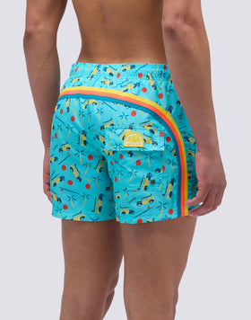 SHORT SWIMSUIT WITH ELASTIC WAIST IN RECYCLED POLYESTER WITH WOODY WOODY PRINT