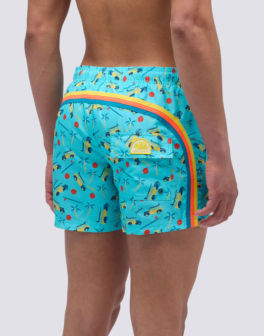 SHORT SWIMSUIT WITH ELASTIC WAIST IN RECYCLED POLYESTER WITH WOODY WOODY PRINT