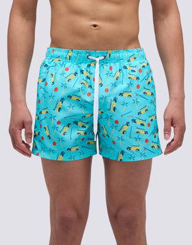 SHORT SWIMSUIT WITH ELASTIC WAIST IN RECYCLED POLYESTER WITH WOODY WOODY PRINT