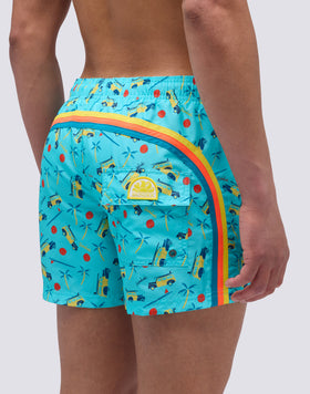SHORT SWIMSUIT WITH ELASTIC WAIST IN RECYCLED POLYESTER WITH WOODY WOODY PRINT