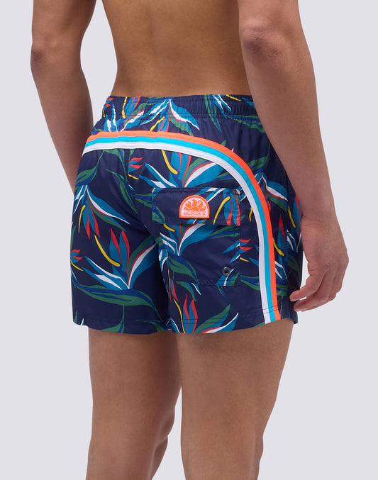 SHORT SWIMSUIT WITH ELASTIC WAIST IN RECYCLED POLYESTER WITH BIRD FLOWER PRINT