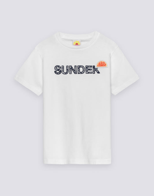 CHILDREN'S SHORT-SLEEVED T-SHIRT WITH ARCHIVE PRINT AND SUNDEK LETTERING