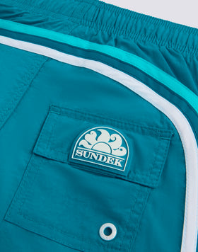 BOYS' SHORT SWIMSHORTS WITH ELASTICATED WAIST AND CRINKLED FABRIC