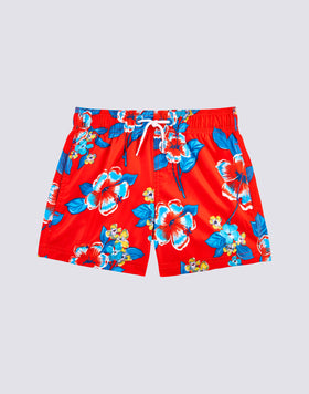 REPREVE® ELASTICATED WAIST SHORT SWIMSHORTS WITH HIBI PANSY PRINT