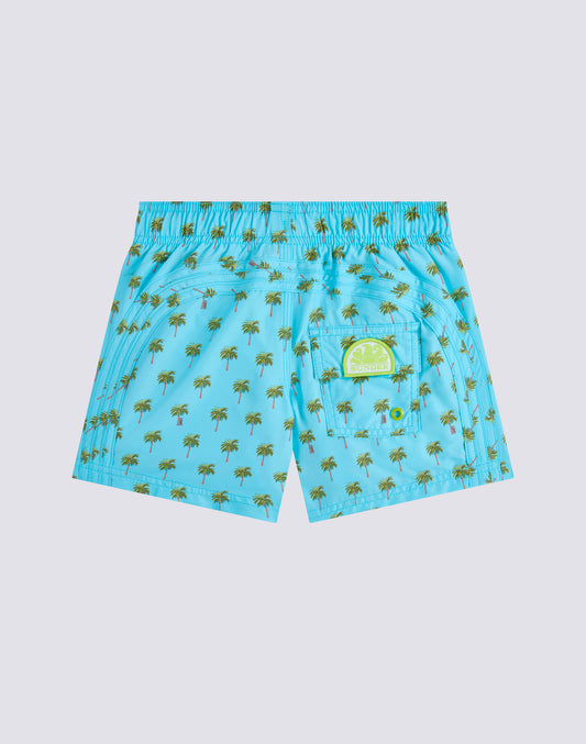 REPREVE® SHORT SWIMSUIT WITH ELASTIC WAIST AND LITTLE PALM PRINT