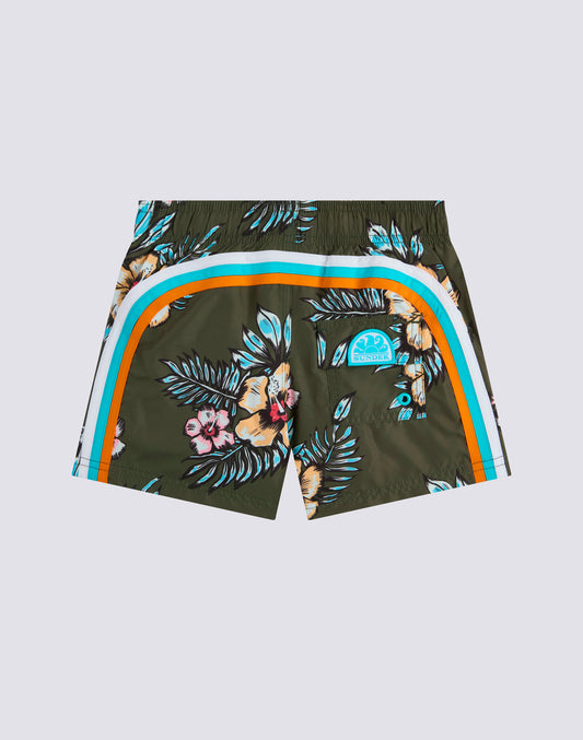 REPREVE® ELASTIC WAIST SHORT SWIMSUIT WITH GRAPHIC FLOWER PRINT