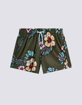 REPREVE® ELASTIC WAIST SHORT SWIMSUIT WITH GRAPHIC FLOWER PRINT
