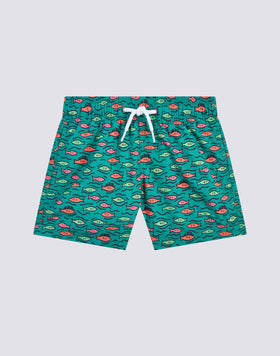 FISHBALL PRINT ELASTICATED WAIST SHORT SWIMSHORTS IN RECYCLED POLY