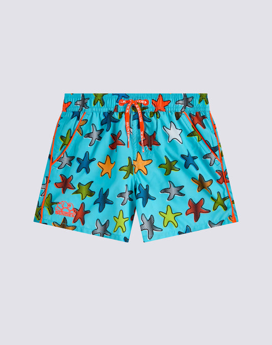 CHILDREN'S SHORT SWIMSHORTS WITH ELASTIC WAIST AND HAPPY STAR PRINT IN REPREVE® RECYCLED POLYESTER