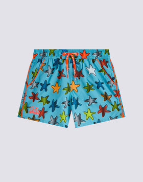 CHILDREN'S SHORT SWIMSHORTS WITH ELASTIC WAIST AND HAPPY STAR PRINT IN REPREVE® RECYCLED POLYESTER