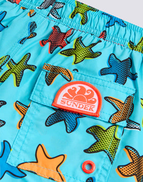 CHILDREN'S SHORT SWIMSHORTS WITH ELASTIC WAIST AND HAPPY STAR PRINT IN REPREVE® RECYCLED POLYESTER