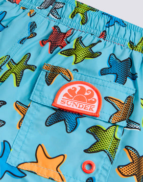 CHILDREN'S SHORT SWIMSHORTS WITH ELASTIC WAIST AND HAPPY STAR PRINT IN REPREVE® RECYCLED POLYESTER