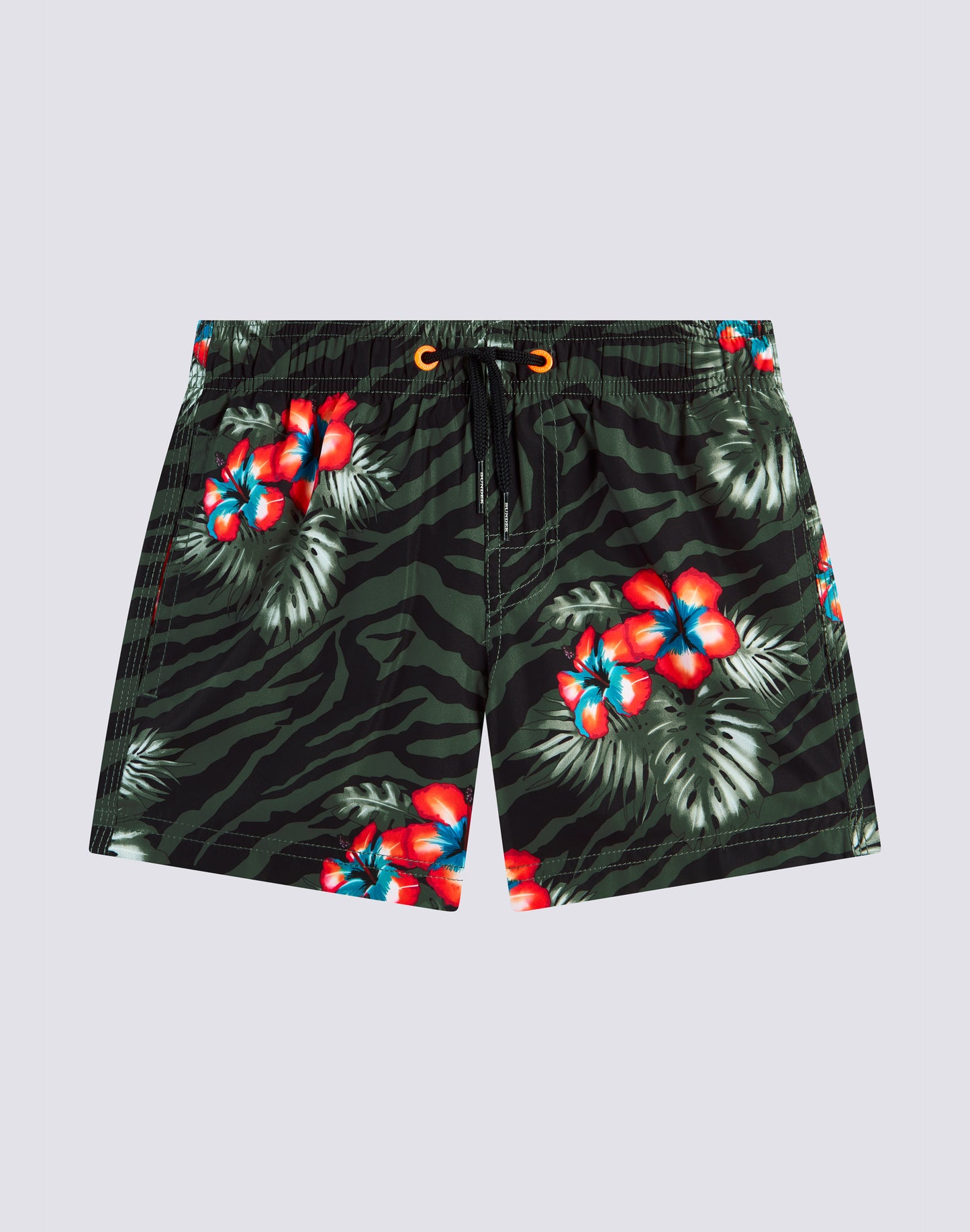 REPREVE® ELASTICATED WAIST SHORT SWIMSHORTS WITH JUNGLE HIBI PRINT