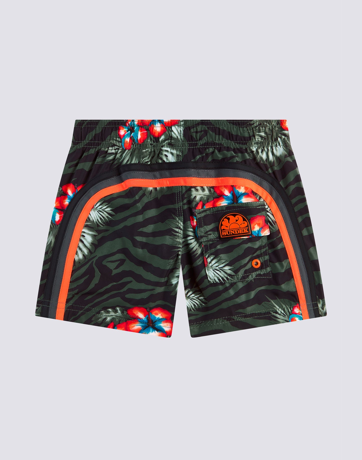 REPREVE® ELASTICATED WAIST SHORT SWIMSHORTS WITH JUNGLE HIBI PRINT