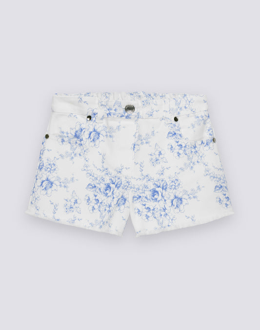 CHILDREN'S RAW-HEDGED SHORTS IN COTTON BULL WITH ROSE DE JOIE PRINT