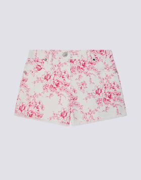 CHILDREN'S RAW-HEDGED SHORTS IN COTTON BULL WITH ROSE DE JOIE PRINT