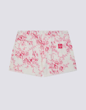 CHILDREN'S RAW-HEDGED SHORTS IN COTTON BULL WITH ROSE DE JOIE PRINT