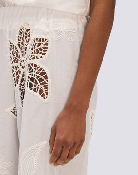 WOMEN'S LONG BRODERIE ANGLAISE TROUSERS WITH ELASTICATED WAIST