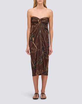 WOMEN'S STRAPLESS JERSEY DRESS WITH GOLDEN PALM PATTERN