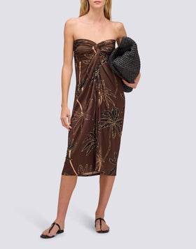 WOMEN'S STRAPLESS JERSEY DRESS WITH GOLDEN PALM PATTERN