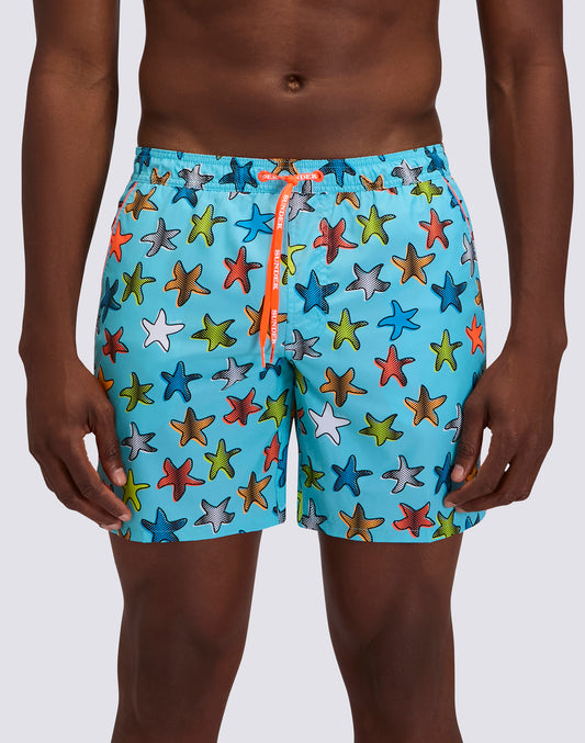 MEN'S MID-LENGTH SWIMSHORTS WITH ELASTIC WAIST AND HAPPY STAR PRINT IN REPREVE® RECYCLED POLYESTER