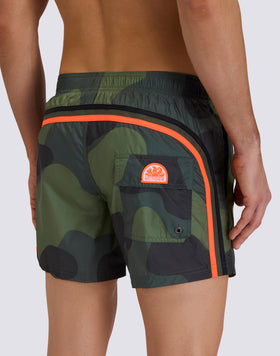 MEN'S SHORT SWIMSUIT WITH ELASTIC WAIST, CAMOU PRINT, RIP-STOP FABRIC