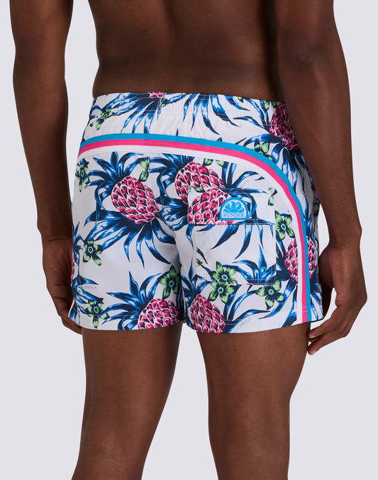 MEN'S SHORT SWIMSHORTS WITH ELASTIC WAIST IN REPREVE® RECYCLED POLYESTER WITH TROPIC DANCE PRINT