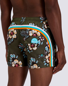 SHORT SWIM SHORTS WITH ELASTIC WAISTBAND IN REPREVE® RECYCLED POLYESTER WITH GRAPHIC FLOWER PRINT