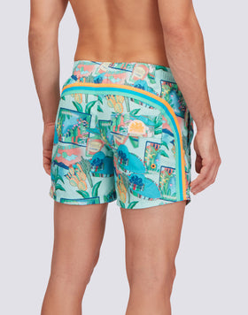REPREVE® ELASTICATED WAIST SHORT SWIMSHORTS WITH GREETINGS FROM MEXICO PRINT