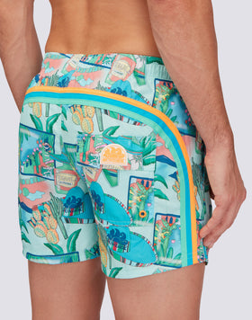 REPREVE® ELASTICATED WAIST SHORT SWIMSHORTS WITH GREETINGS FROM MEXICO PRINT