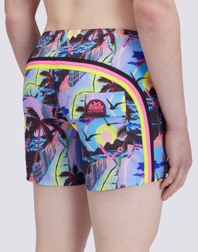 REPREVE® RECYCLED POLYESTER ELASTICATED WAIST SHORT SWIMSHORTS WITH HAWAIIAN POP PRINT