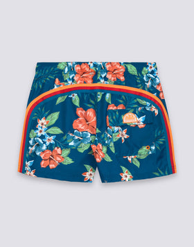 SHORT SWIM SHORTS WITH ELASTIC WAISTBAND IN REPREVE® RECYCLED POLYESTER WITH ISLAND BLISS PRINT