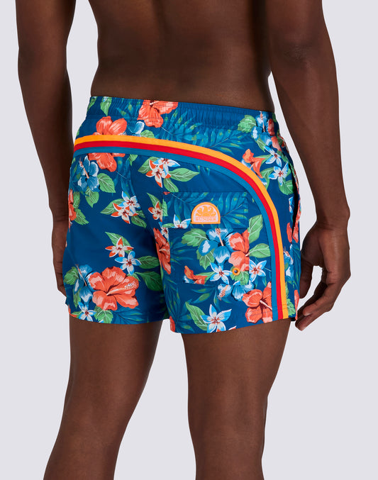 SHORT SWIM SHORTS WITH ELASTIC WAISTBAND IN REPREVE® RECYCLED POLYESTER WITH ISLAND BLISS PRINT