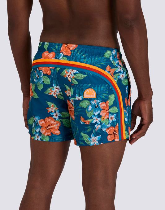 SHORT SWIM SHORTS WITH ELASTIC WAISTBAND IN REPREVE® RECYCLED POLYESTER WITH ISLAND BLISS PRINT